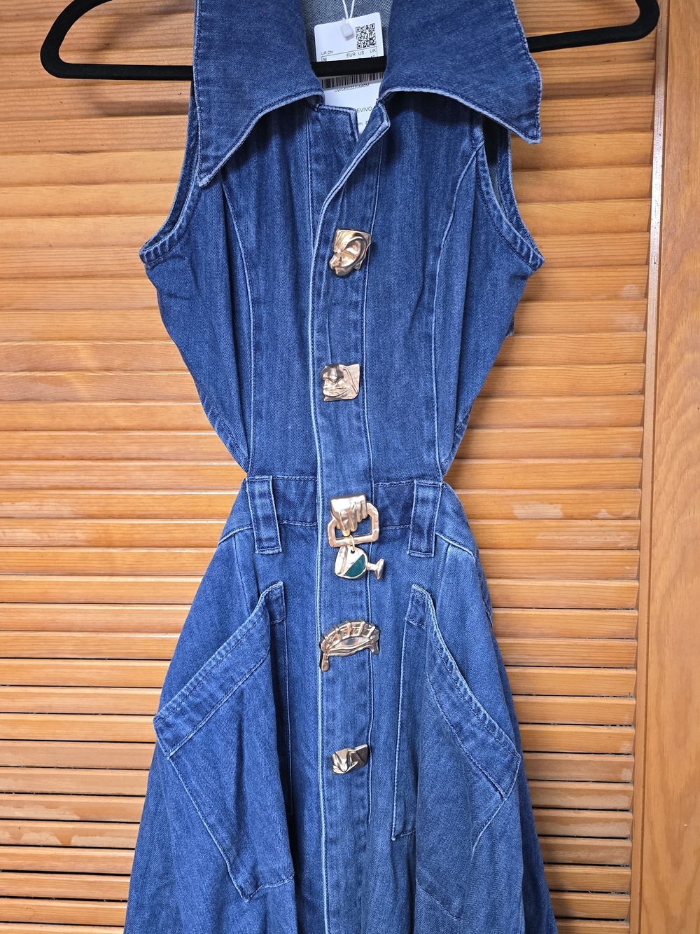 Sleeveless Blue Denim Maxi Dress with Statement Buttons